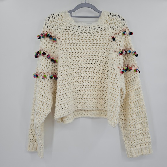 Zara Knit Women Ivory Crochet Pom Pom Cropped Sweater Small Wool Blend - Picture 3 of 10